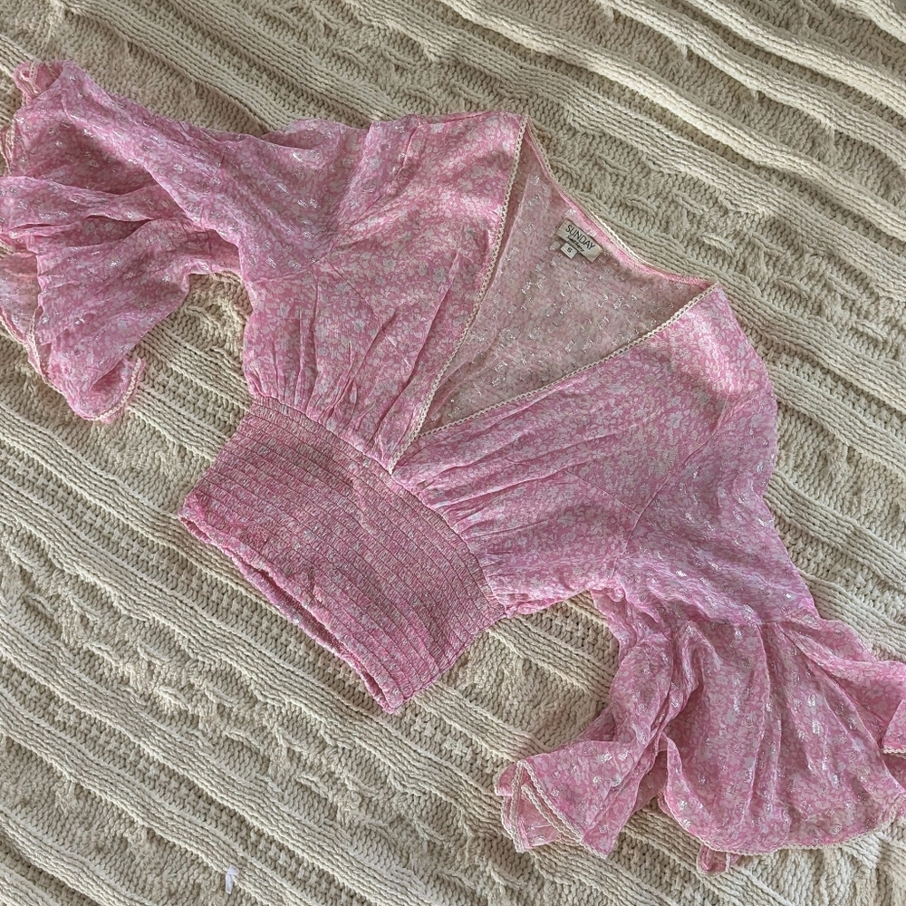Pink Floral V-Neck Smocked Waist Blouse